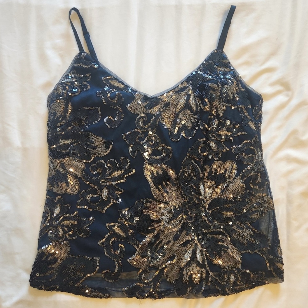White House Black Market Sequin Floral Cami Top Midnight Glam Size Small